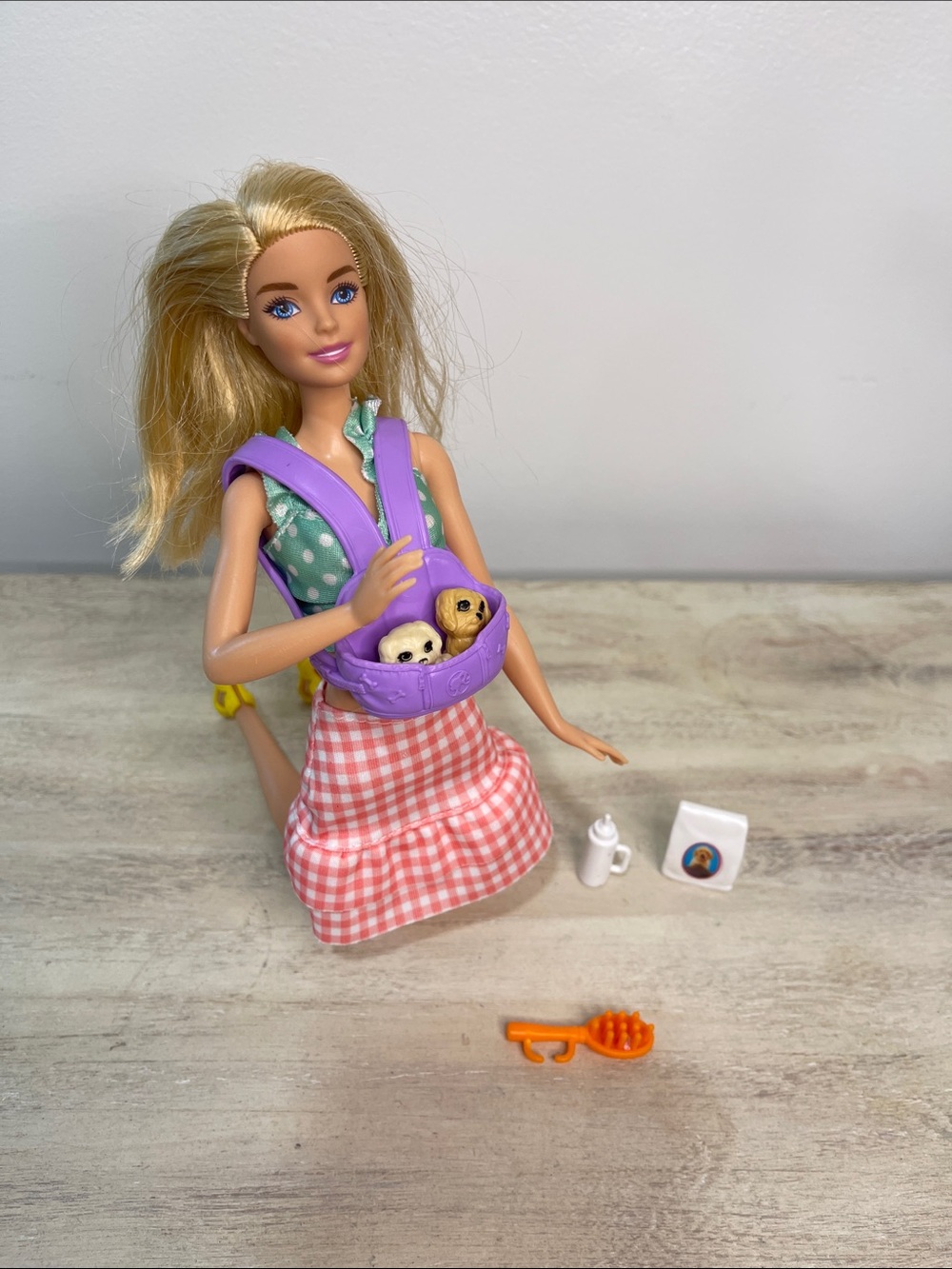Barbie Fashion Doll with Purple Pet Carrier and Pink Gingham Skirt